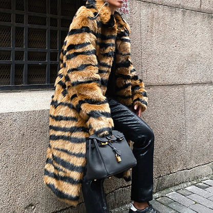 2026 Winter Plus Size Faux Fur Long Coat Women Tiger Long Sleeve Fluffy Jacket Ladies Large Thick Warm Furry Cardigan Outwear