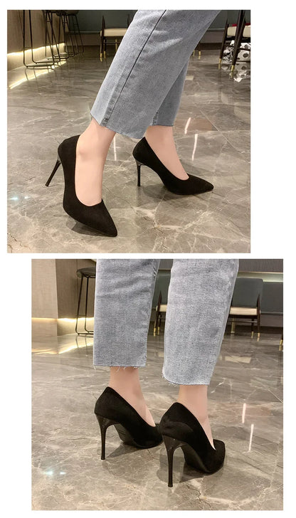 Spring and Autumn New Black High Heels Female Shallow Mouth Pointed Thin with Sexy Temperament Single Shoes Zapatos De Mujer