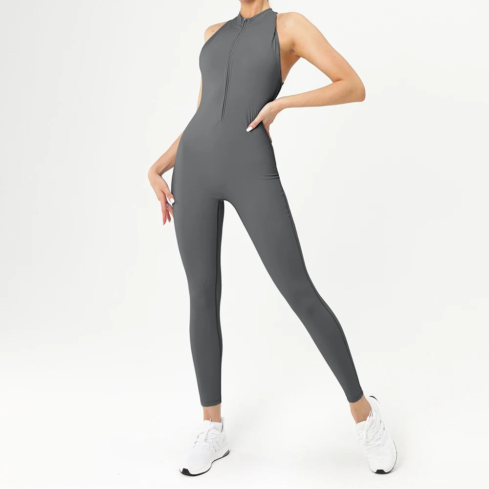 Sport Jumpsuits Women Zipper Fitness Overalls Sexy Backless Gym Bodysuits Scrunch One Piece Suit Workout Clothes Tracksuits