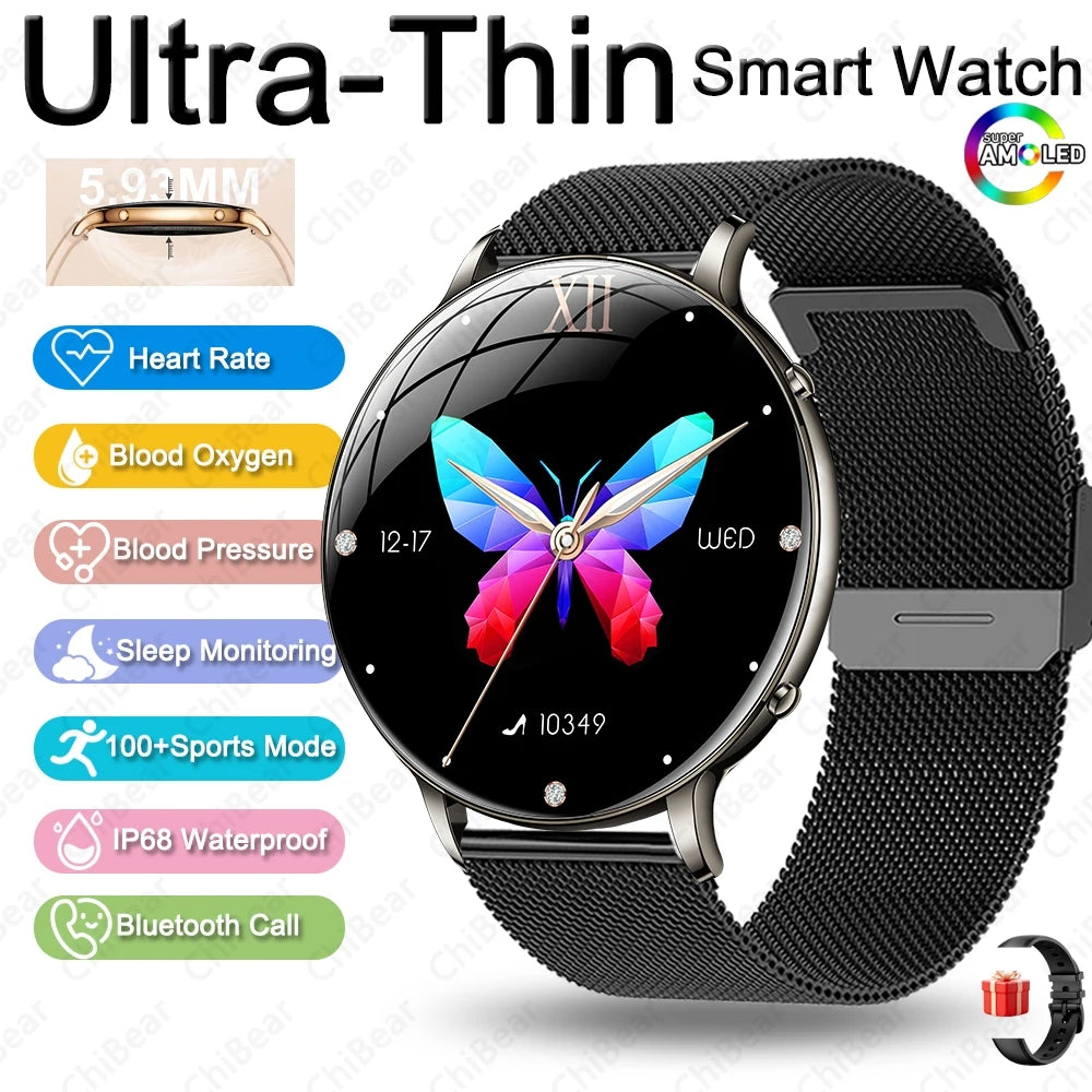 2026 Ultra-Thin Women Smart Watch AMOLED HD GPS Track Always-On Time Display LED Flashlight Bluetooth Call Waterproof Smartwatch