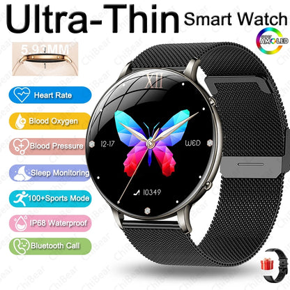 2026 Ultra-Thin Women Smart Watch AMOLED HD GPS Track Always-On Time Display LED Flashlight Bluetooth Call Waterproof Smartwatch