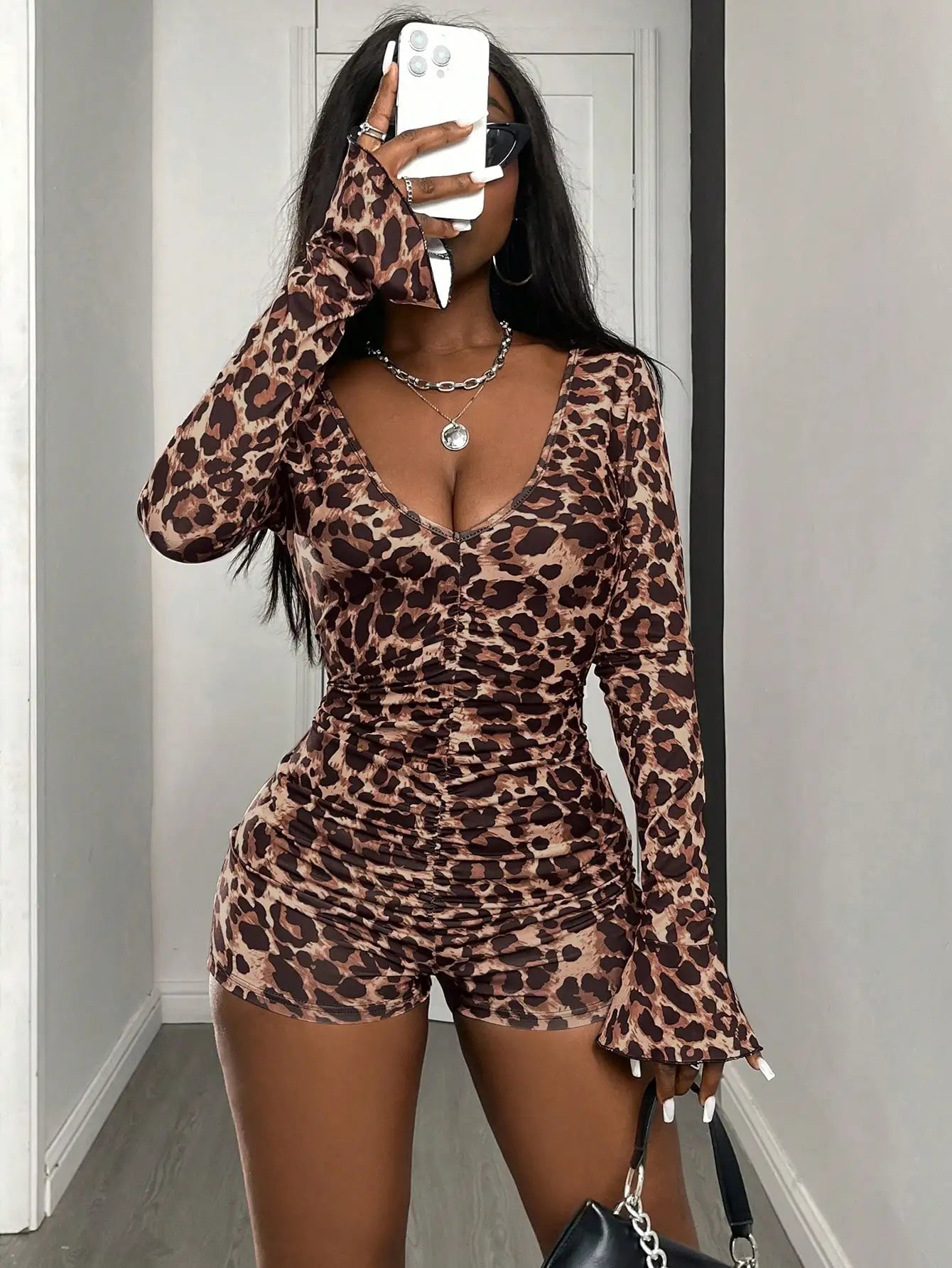 Women's Sexy Leopard Print Deep V Neck Pleated Slim Long Sleeve Bell Cuff Jumpsuit
