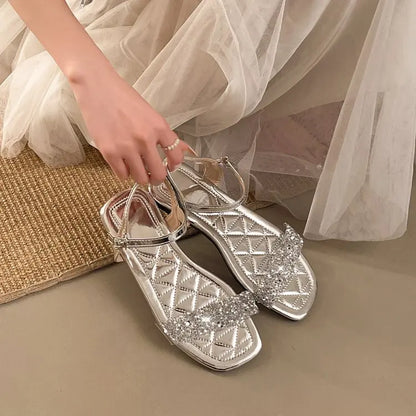 Luxury Crystal Square Toe Sandals Elegant Peep Toe Flat Slides Summer Fashionable Beach Shoes for Women