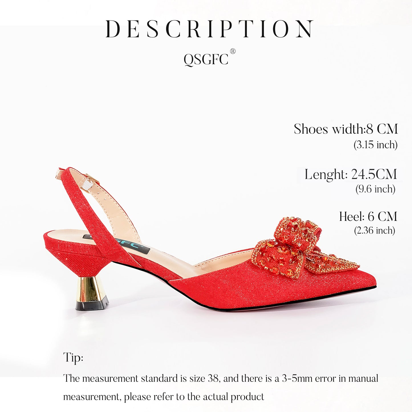 QSGFC Italian Design Red Elegant Women's Heels Fashion Crystal Bow Pointed Toe Sandals Nigeria Shoes Bag Set For Women