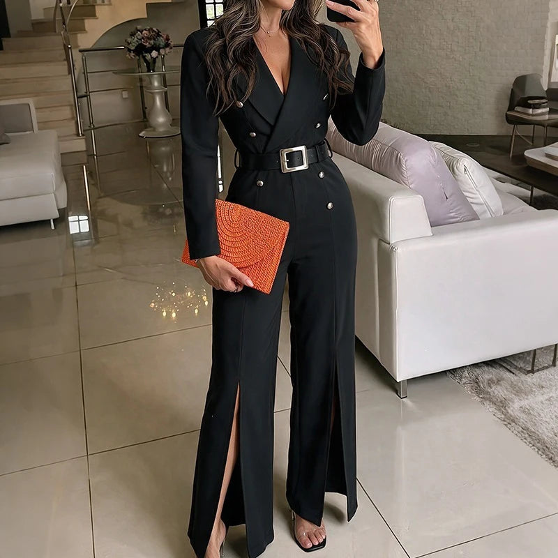 Fashion Solid Double Breasted Commute Rompers Fall Winter New High Waist Split Playsuits High Street Long Sleeve V-neck Jumpsuit