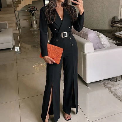 Fashion Solid Double Breasted Commute Rompers Fall Winter New High Waist Split Playsuits High Street Long Sleeve V-neck Jumpsuit
