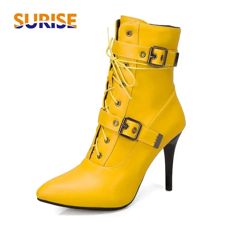 Yellow High Stiletto Heel Ankle Boots Women Winter Red Sexy Party Dress Ladies Autumn Punk Buckle Zipper Pointed Toe Short Boots