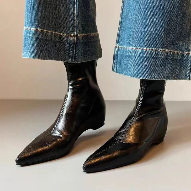 Flats Women's Ankle Boots Luxury Pointed Toe Leather Shoes Winter Sexy Short Boots 2025 Elegant Dress Chelsea Boots Mujer Shoes