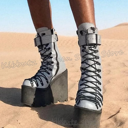 Glossy Ankle Boots Platform Belt Buckle Round Toe Thick Bottom Novelty Fashion Elegant Concise Sexy Women Shoes New Mixed Color