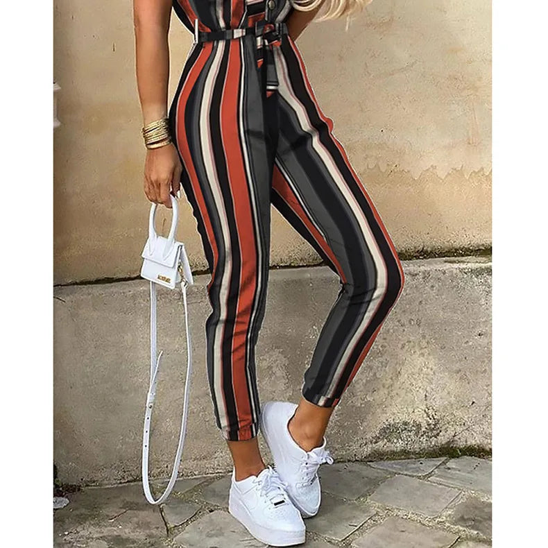 2025 New Women's Jumpsuit Casual Workwear Summer Romper with Print Button-up Lapel Waist Belt Slim Fit One Piece Pants Set Fashi
