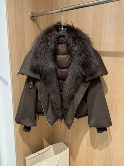 OFTBUY New Winter Jacket Women Large Real Fox Fur Collar Puffer Jacket Loose Warm Parkas Female White Duck Down Coats Female
