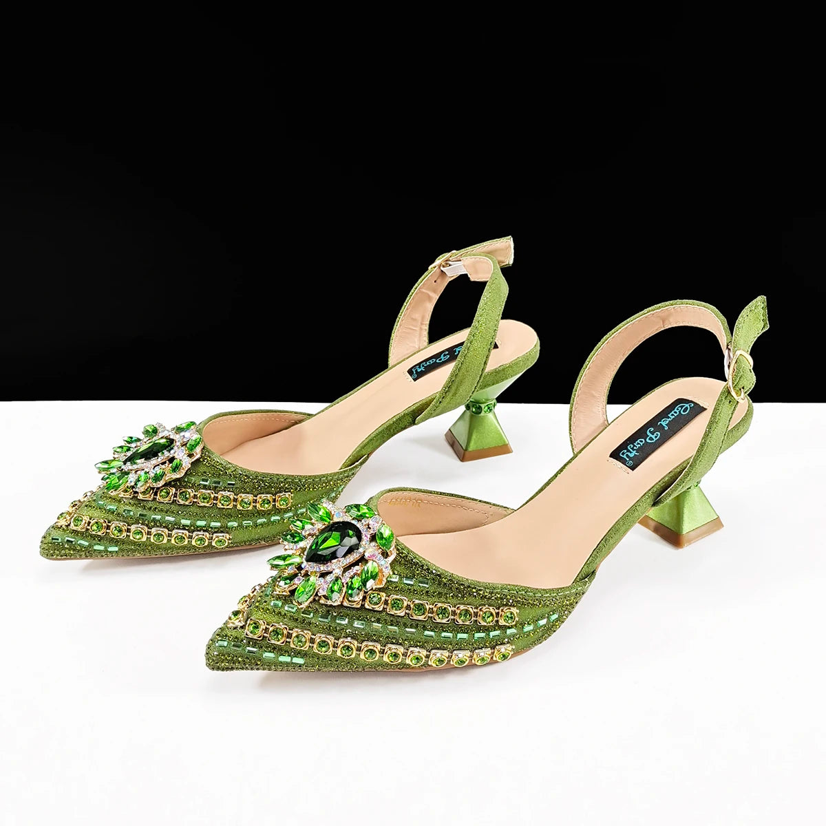 Queena Yan 2025 Italian Style Pointed Toe Rhinestone High Heels and Gold Wedge Bag Set - Elegant Ladies Party Women Shoes Heel