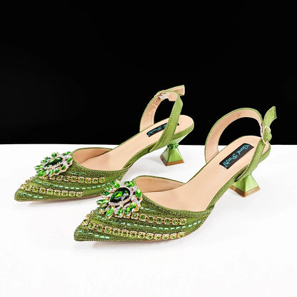 Queena Yan 2025 Italian Style Pointed Toe Rhinestone High Heels and Gold Wedge Bag Set - Elegant Ladies Party Women Shoes Heel
