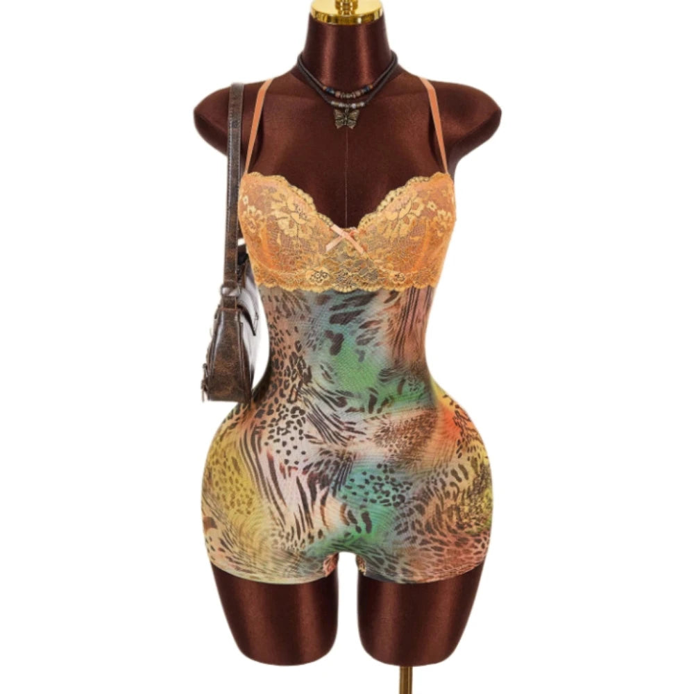 HLJ&GG Vintage Flowers Print Mesh Spaghetti Strap Bodycon One Piece Rompers Women V Neck Sleeveless Jumpsuits Fashion Overalls