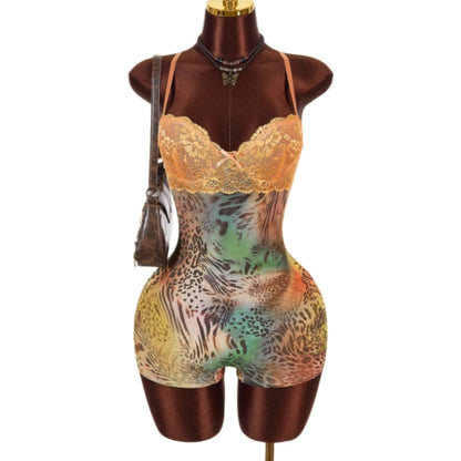 HLJ&GG Vintage Flowers Print Mesh Spaghetti Strap Bodycon One Piece Rompers Women V Neck Sleeveless Jumpsuits Fashion Overalls