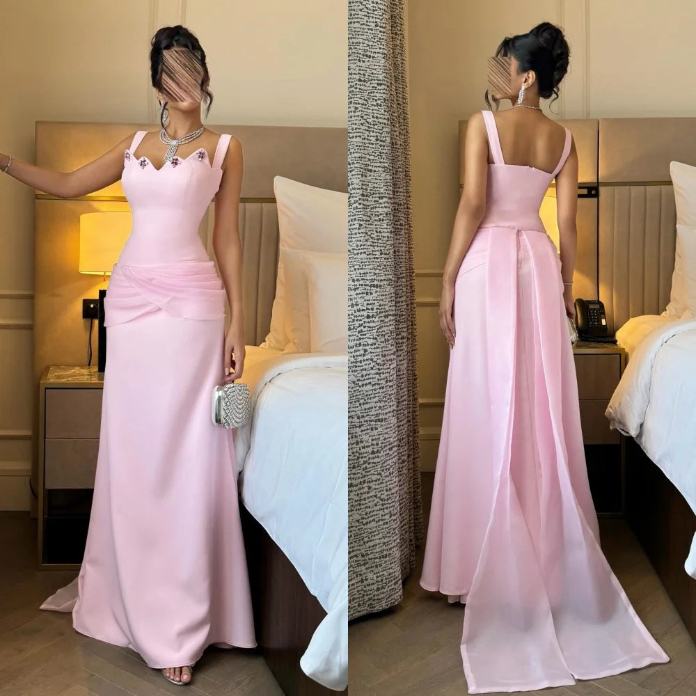 Customized Matching Elegant Jersey Rhinestone Draped Pleat Straight Square Neck Long Dresses Bespoke Occasion Dresses Sexy