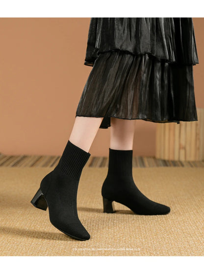 Black Square Toe Knit Sock Boots Elastic Slim Thick Block Heel High Heels Short Boots Fashion Autumn Casual Skinny Ankle Boots