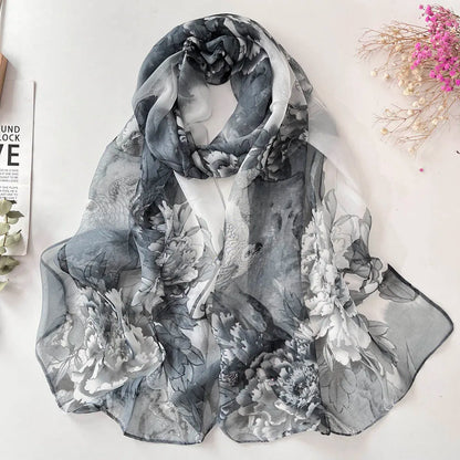 Hot Fashion Summer Chiffon Georgette Scarf Parrot Peony Print Women Foulard Long Shawl&Wrap Bandana Elegant Thin 50*160cm M163