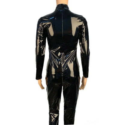 Women's Wet Look PU Leather Jumpsuit Suit Long Sleeve Zipper Open Crotch Shiny Latex Bodysuit Clubwear Plus Size