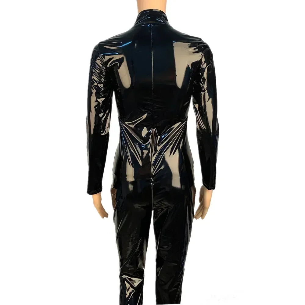 Women's Wet Look PU Leather Jumpsuit Suit Long Sleeve Zipper Open Crotch Shiny Latex Bodysuit Clubwear Plus Size