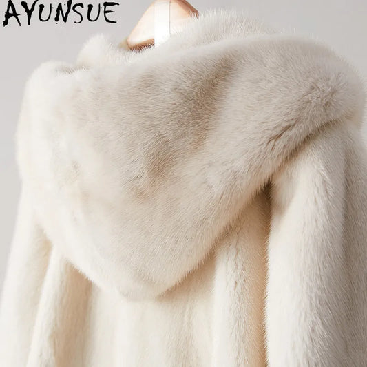 AYUSNUE Natural Mink Fur Coat Women Clothing Winter Jacket Woman Mid-length Warm Real Fur Coats Fashion Hoodie Шуба Женская