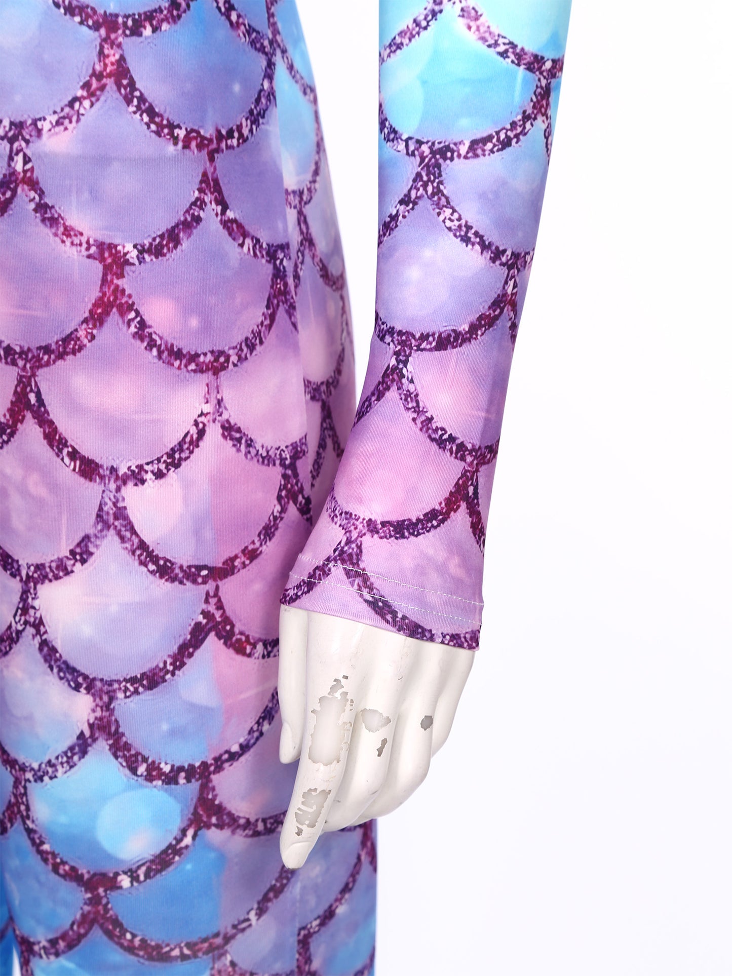 Womens Rash Guard One Piece Swimsuit Mermaid Fish Scale Print Long Sleeve Back Zipper Full Body Tops Sexy Swimwear Jumpsuit
