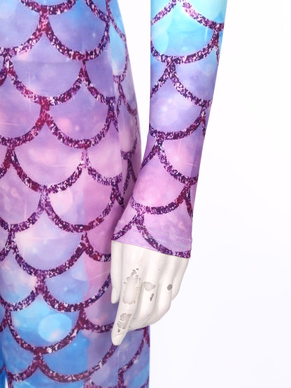 Womens Rash Guard One Piece Swimsuit Mermaid Fish Scale Print Long Sleeve Back Zipper Full Body Tops Sexy Swimwear Jumpsuit