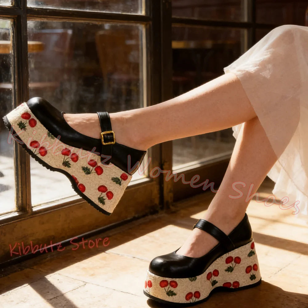 Mary Jane Pumps Cherries Platform Mixed Color Leather Belt Buckle for Women Shoes Round Toe Height Increasing Elegant Sexy New