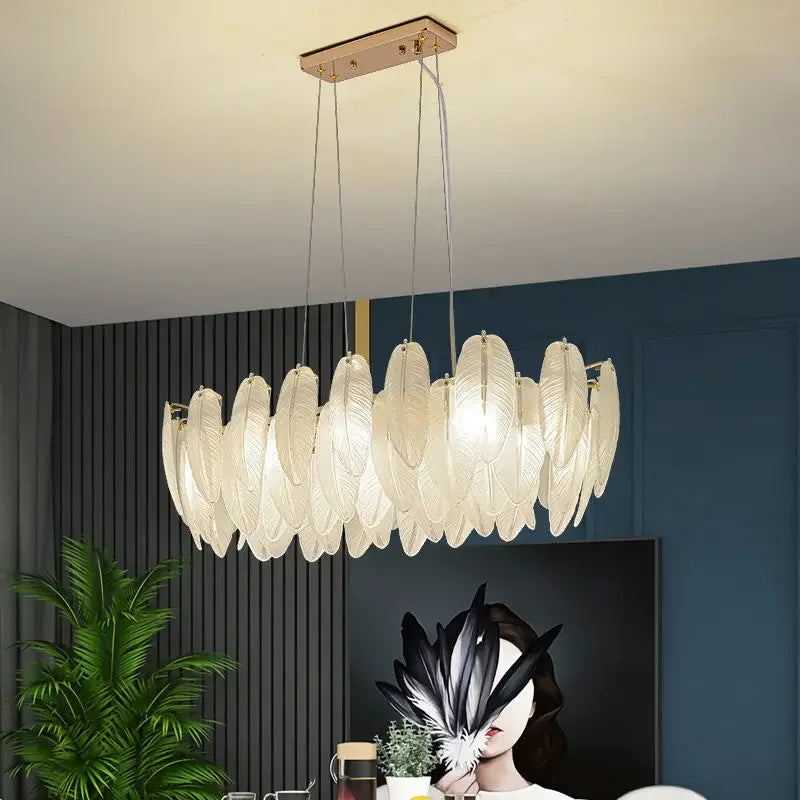 Luxury Villa Led Chandelier Feather Glass Gold Metal for Living Dining Table Room Bedroom Pendant Lights Home Decor Lustre Lamp