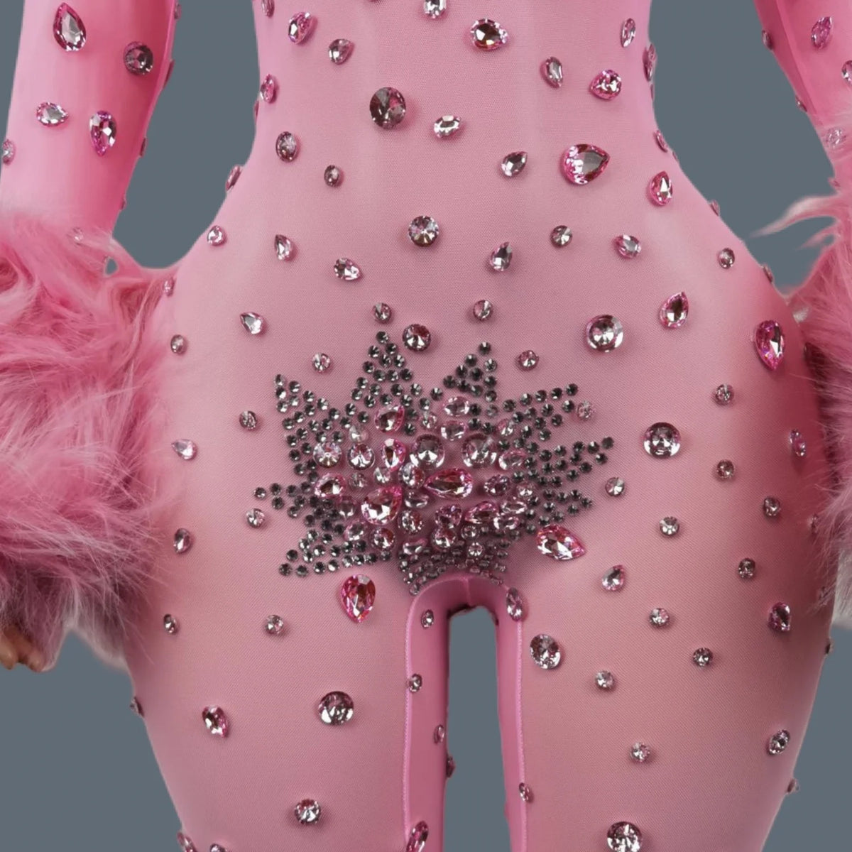 Shiny Crystals Pink Mesh Jumpsuit Sexy Feather Designe Birthday Jumpsuit Club Singer Event Performance Costume Stage Wear Guibin