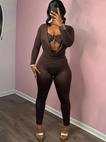 Sisterlinda Swinging Neck Slim Jumpsuits Sexy Hot Solid Cleavage Full Sleeve Elastic Overalls+Inside Chest Tanks Mujer Clubwear