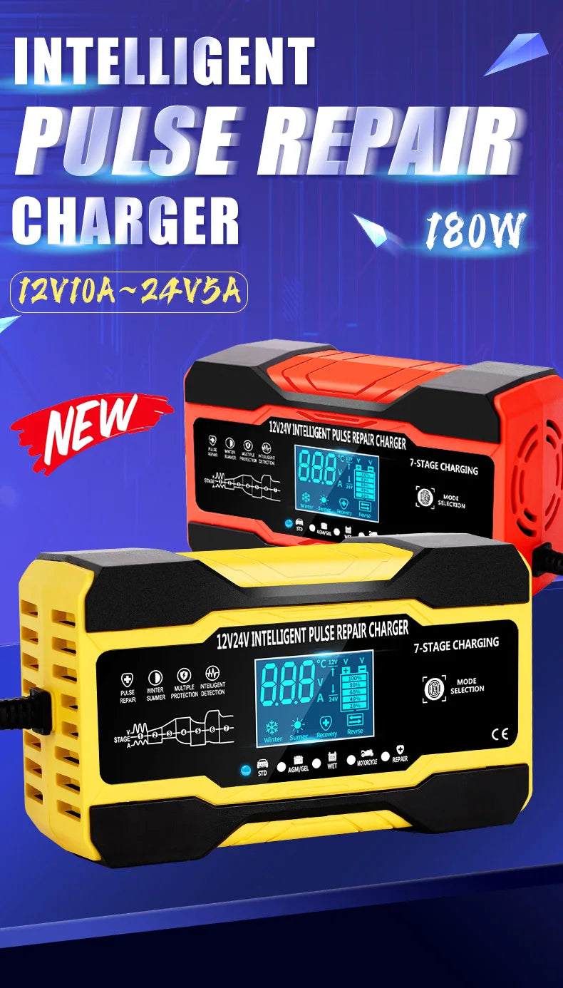 12V 24V Car Battery Charger 10A Smart 7-Stage Pulse Repair Fast Charger, AGM GEL WET Lead Acid Battery Maintainer
