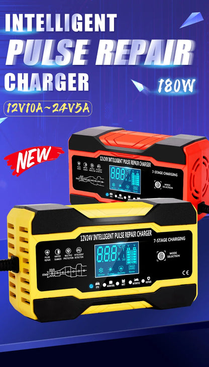 12V 24V Car Battery Charger 10A Smart 7-Stage Pulse Repair Fast Charger, AGM GEL WET Lead Acid Battery Maintainer