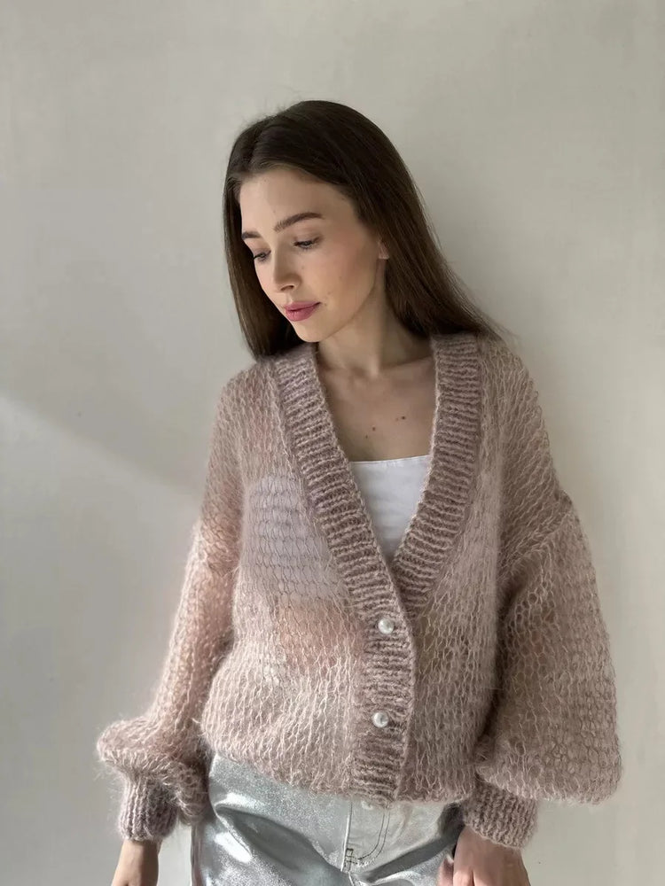 Women Knitting Cardigan 2026 New Women Mohair Knit Cardigan Hollow Out Sheer Long Sleeve Casual Knitted Outerwear Sweater