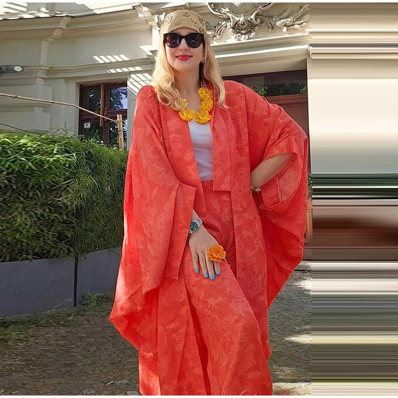 Jacquard Satin Fringe Three Piece Set Kimono Long Open Coat Wrap V Neck Top Fringe Trousers 2026 Summer Resort Lady Elegant Suit