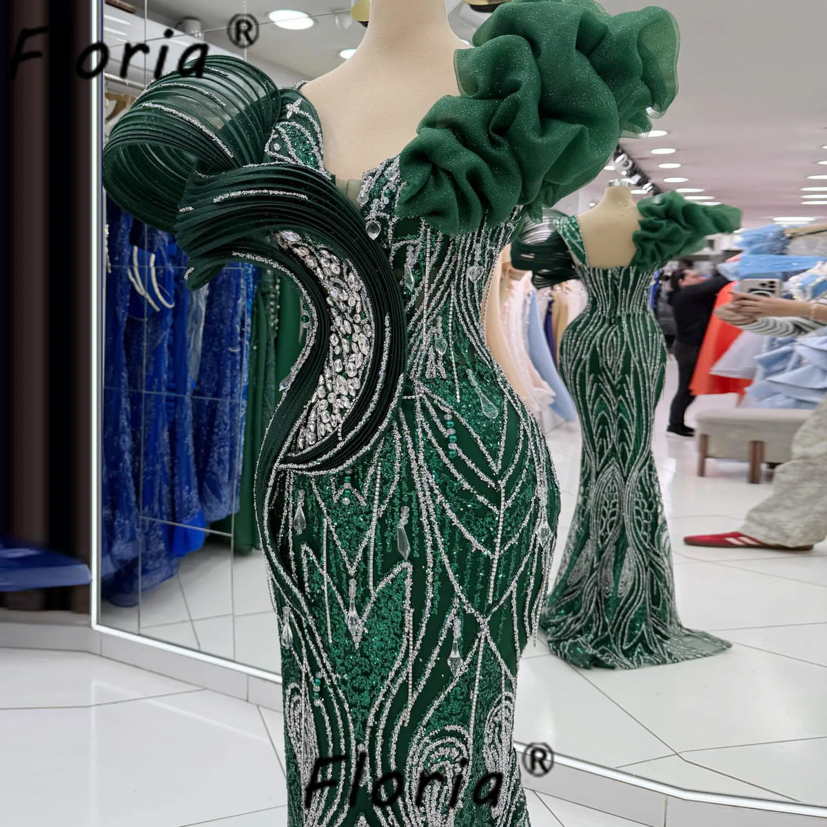 Dark Green Dubai Women Celebrity Party Dress Crystal Silver Mermaid Wedding Event Gown Guest Beads Vestidos de gala Customized