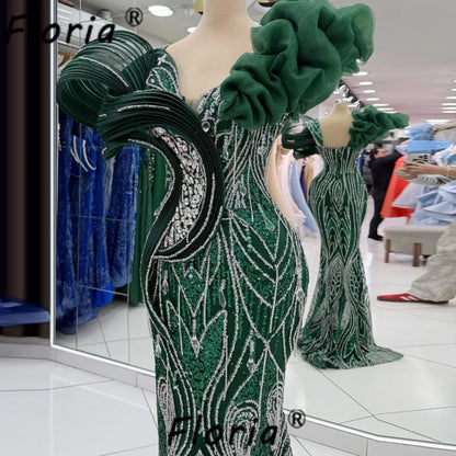 Dark Green Dubai Women Celebrity Party Dress Crystal Silver Mermaid Wedding Event Gown Guest Beads Vestidos de gala Customized