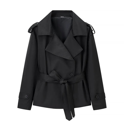 Aliexpress's Best-selling Cross-border European and American Style Women's Solid-color Belted Short Jacket Trench Coat Fashion
