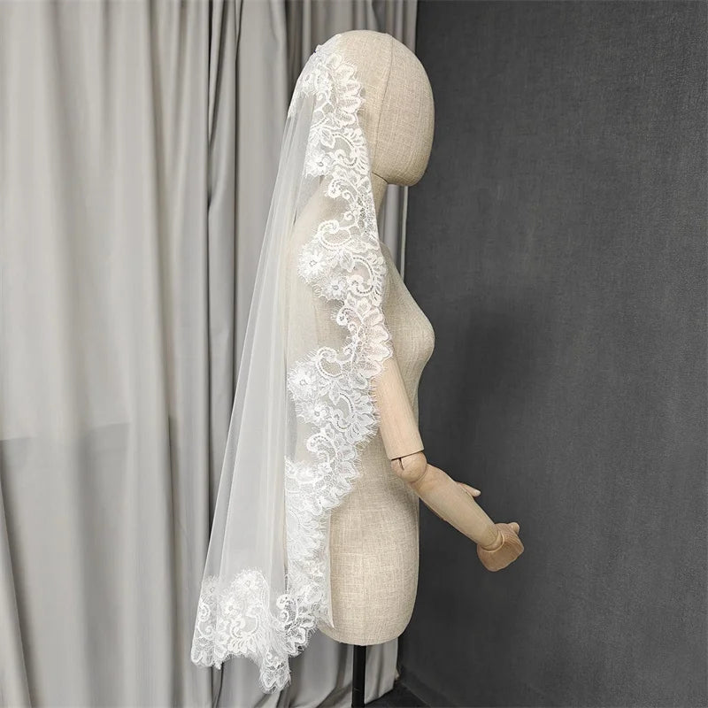 Customized Mantilla Veil with Eyelash Lace, Single Tier 1m/1.5m/2m Wedding Veil with Hidden Comb, Eyelash Lace Ivory Bridal Veil