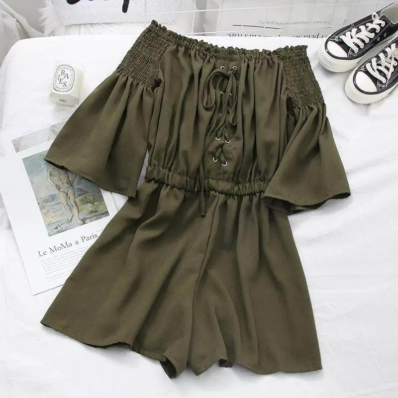 Women's Casual Summer Beach Romper Olive Green Off The Shoulder Lace Up Short Sleeve Elastic Waist Playsuit