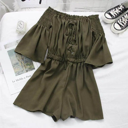 Women's Casual Summer Beach Romper Olive Green Off The Shoulder Lace Up Short Sleeve Elastic Waist Playsuit
