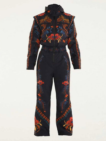 Flower Printed Women's Ski Jumpsuits Zippers Stand Collar Waist-closed Pocket Lady Rompers 2026 Autumn Winter Female SkiWear New