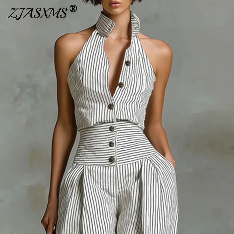Office Lady Elegant Button Down Jumpsuit Spring Striped Print High Waist Woman Romper Elegant Sleeveless Wide Leg Pants Overalls