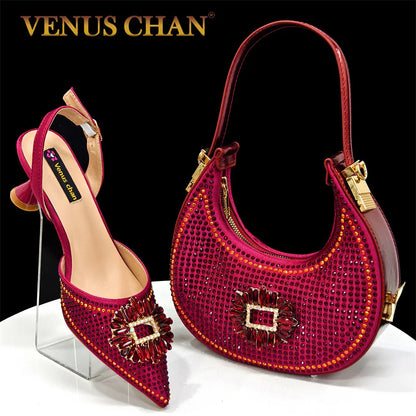 2025 Nigerian Women's Party Shoes and Bags Medium Heel Pointed Toe Elegant Party Footwear With Matching Color Handbag for Women