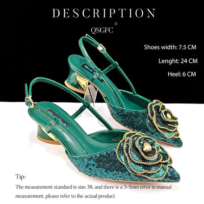 New Arrival Fashion Flower Design Party Wedding Royal Blue Color Pointed Toe Women Shoes and Bag Set Decorated With Rhinestone