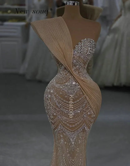 Long Formal Champagne Mermaid One Shoulder Evening Dresses Customized Sleeveless Sparkle Beaded Wedding Gala Prom Night Gowns