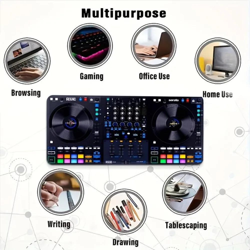 A large mouse pad with a blue DJ table design, in a rectangular shape desk accessories desk organizers and trays tapis de souris