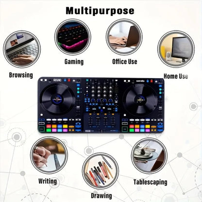 A large mouse pad with a blue DJ table design, in a rectangular shape desk accessories desk organizers and trays tapis de souris