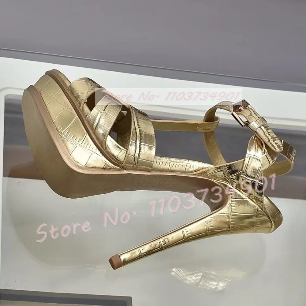 Platform Shiny Leather Cage Sandals Women Open Toe Ankle Strap High Heels Sandals Lady Stone Pattern Sexy Elegant Luxury Shoes