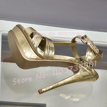 Platform Shiny Leather Cage Sandals Women Open Toe Ankle Strap High Heels Sandals Lady Stone Pattern Sexy Elegant Luxury Shoes